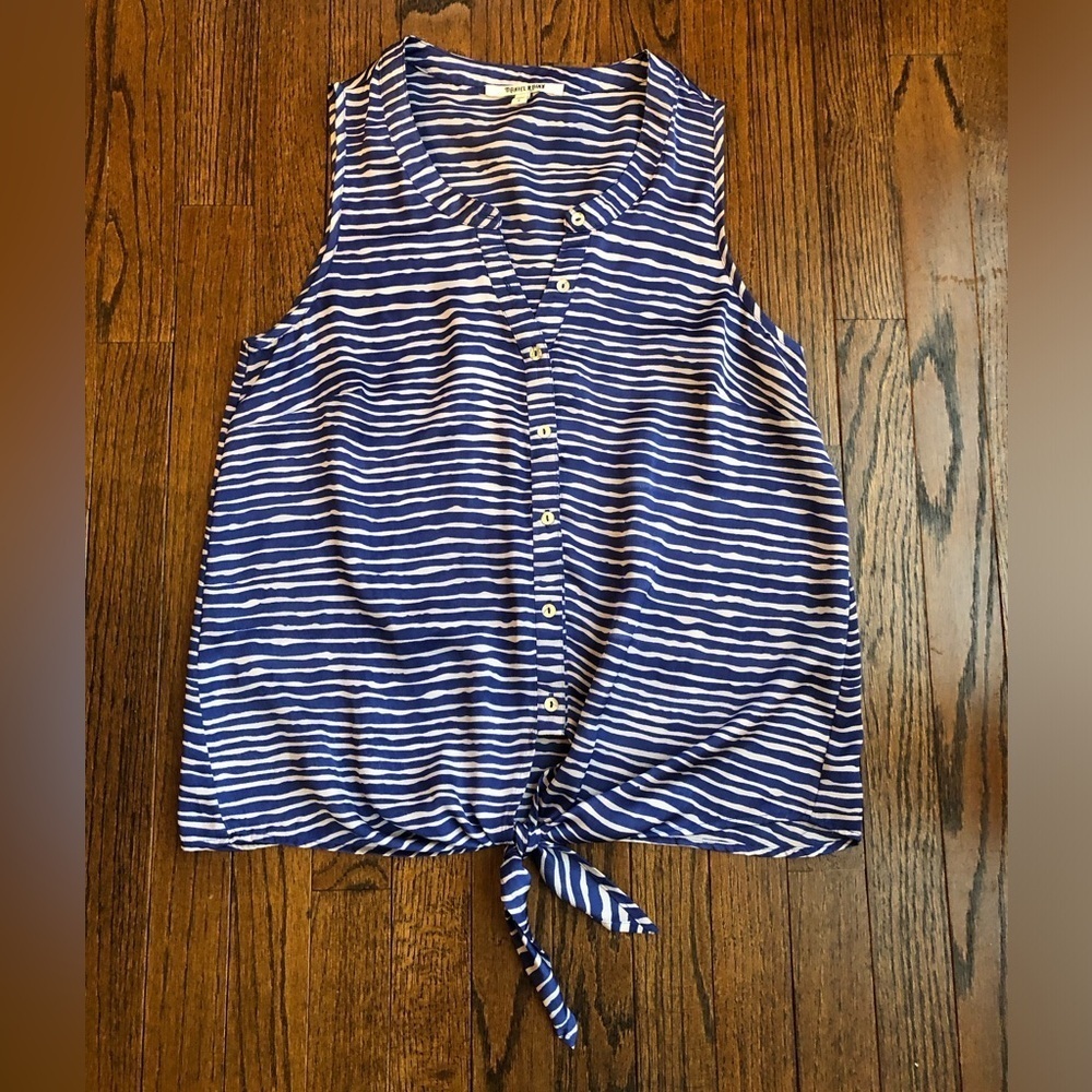 Daniel Rainn Women’s S Blue/White Zebra Striped Sleeveless Front Tie V-Neck Top